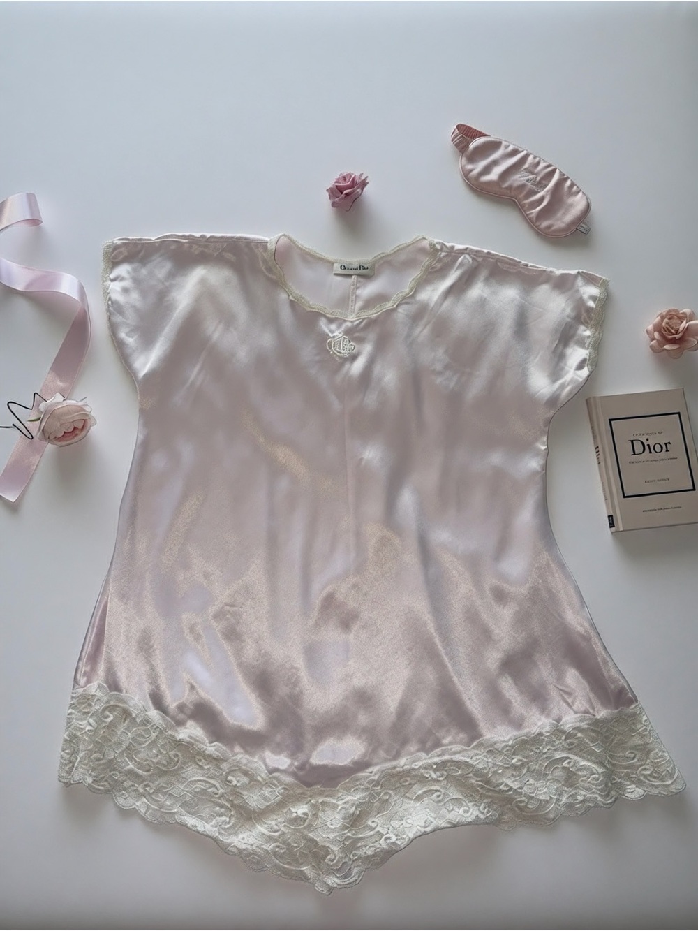 Vintage Christian Dior Satin Pink Lace-Trim Nightdress